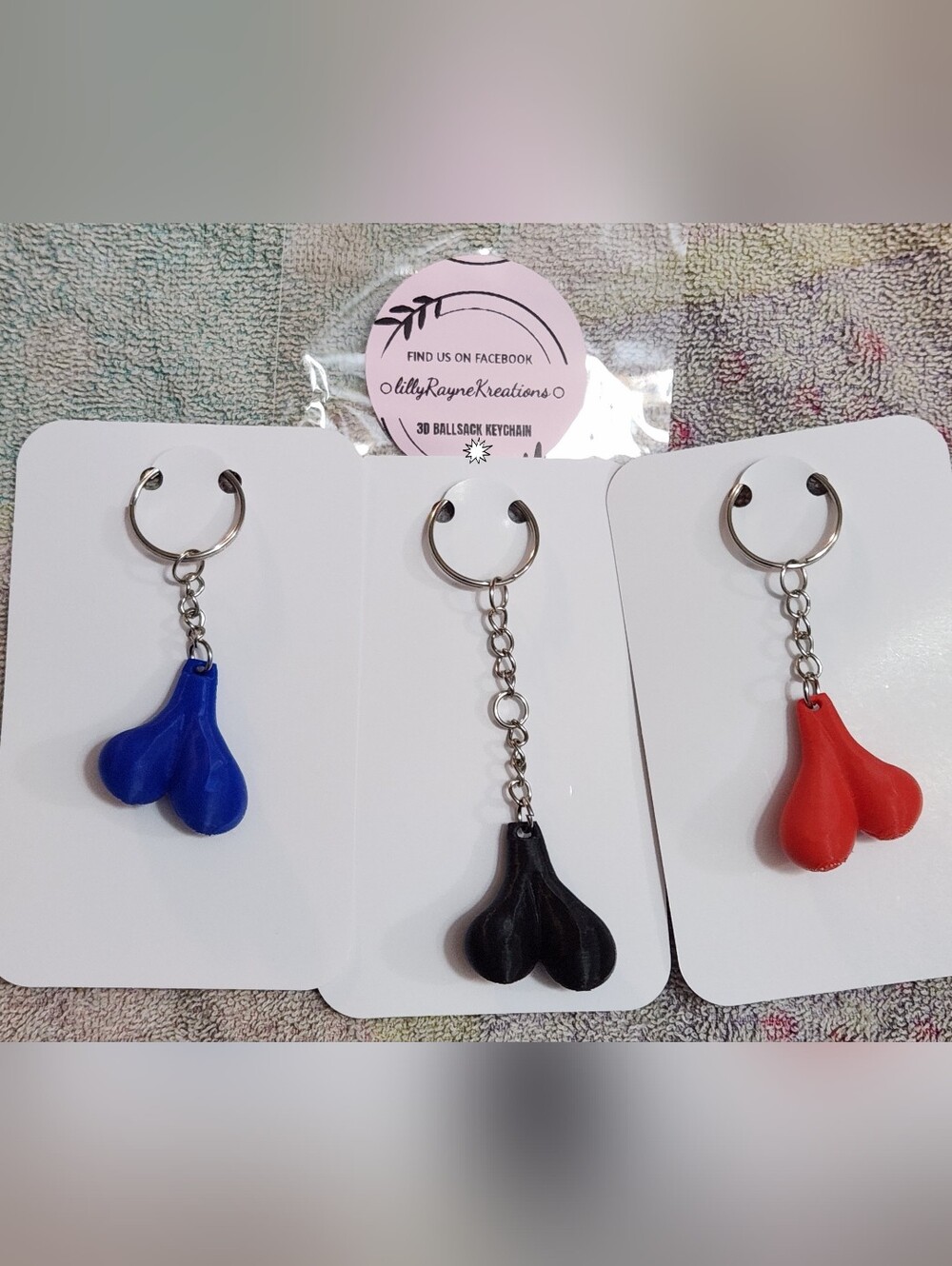 (3) Blue, Black, & Red 3D Ballsack Keychain